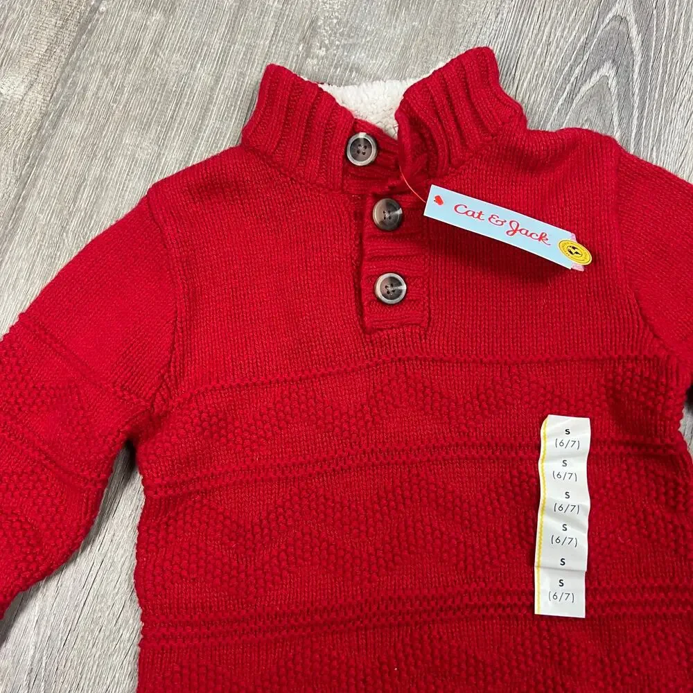 Cat & Jack Boys' Red Textured Mock Neck Button-Up Sweater - Size Small - NWT
